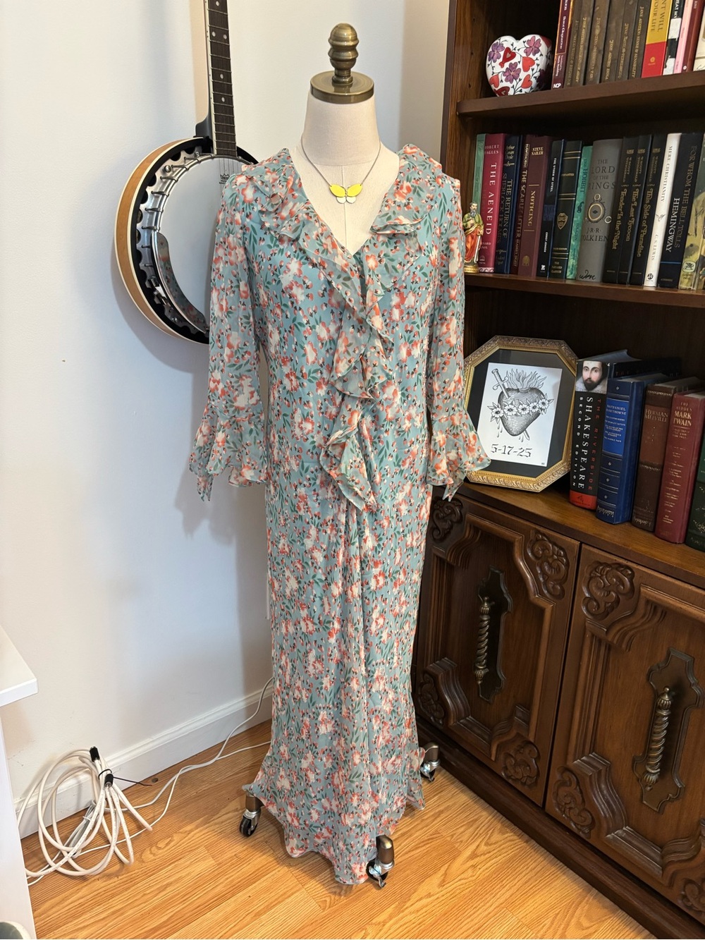 Y2K ICE Silk Fairycore Floral Ruffle Maxi Dress in blue and Coral beaded Sz 16